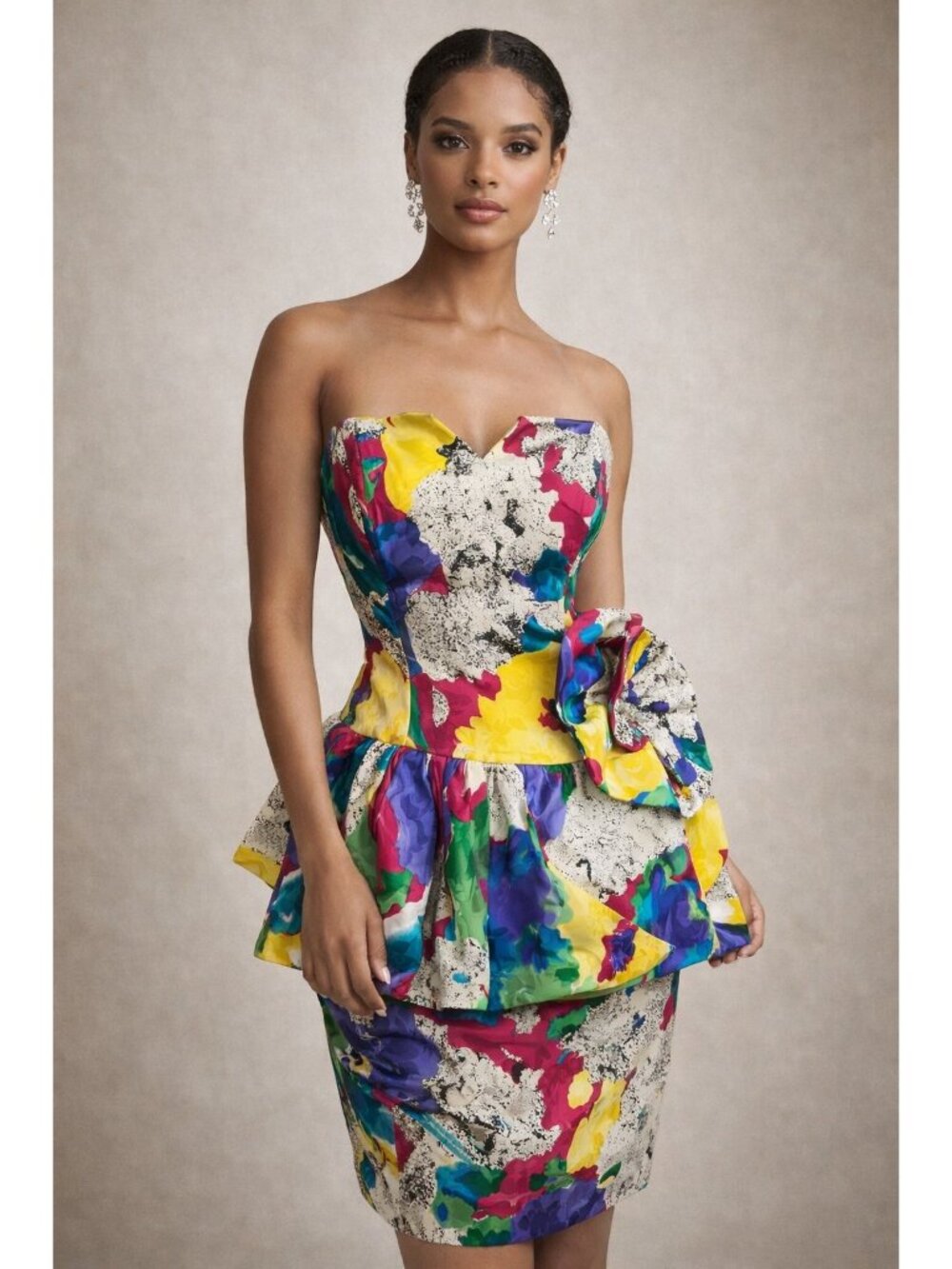 Vintage Raul Blanco Silk Dress Strapless Peplum Floral 80s Size 6